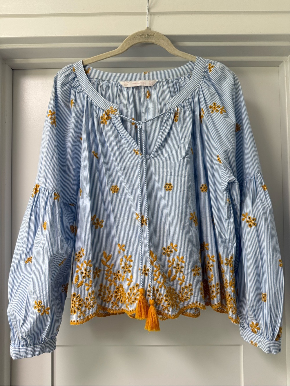 Zara Light Blue Striped Blouse with Yellow Floral Embroidery